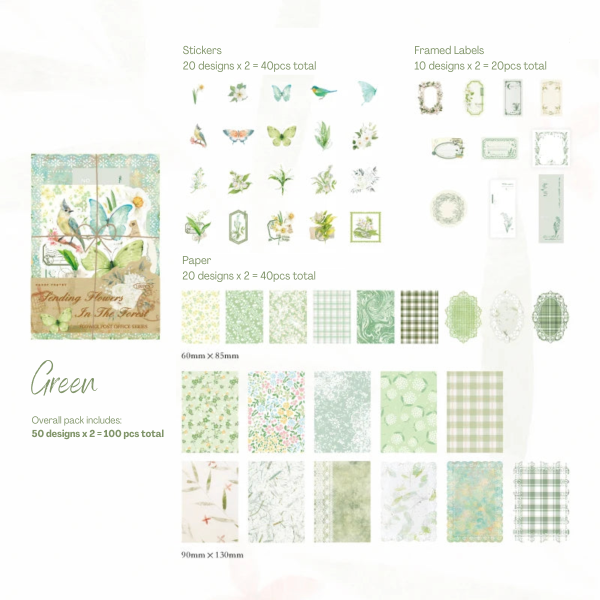 100 Pcs Flowers Stickers and Paper Set