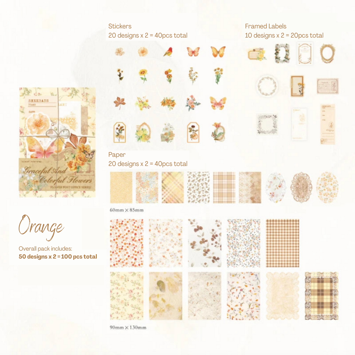 100 Pcs Flowers Stickers and Paper Set