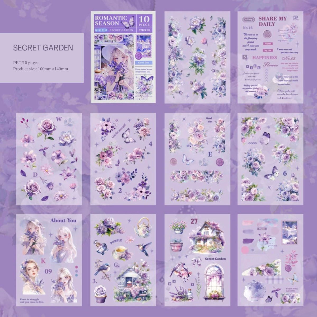 10 Page Romantic Garden PET Sticker Sheets