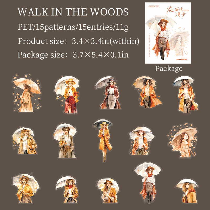 15 Pcs Rain Girl PET Stickers