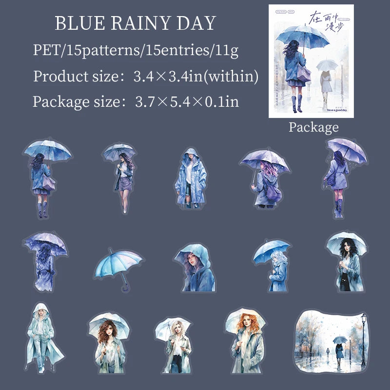 15 Pcs Rain Girl PET Stickers