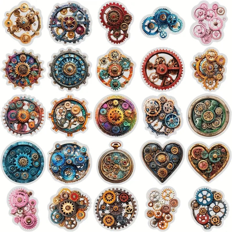 50 Pcs Steampunk Gears PET Stickers
