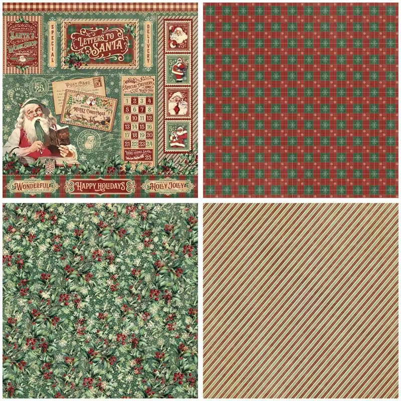 Collection of Christmas-themed fabric patterns including a Santa Claus design, plaid pattern, floral pattern, and striped pattern.