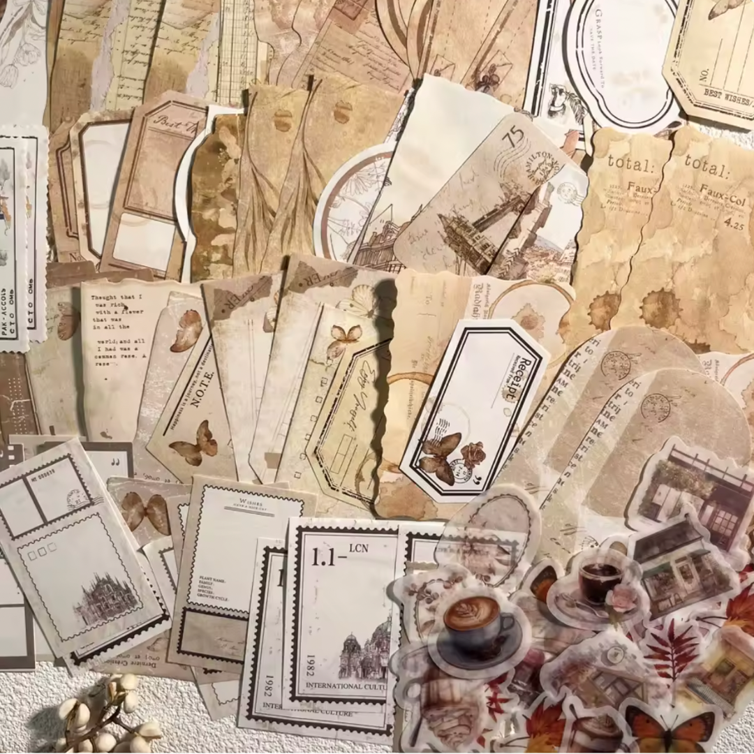 56 Pcs Vintage Paper and Stickers Set