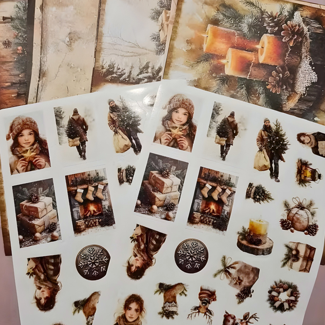 62 Pcs Rustic Christmas Paper & Sticker Set