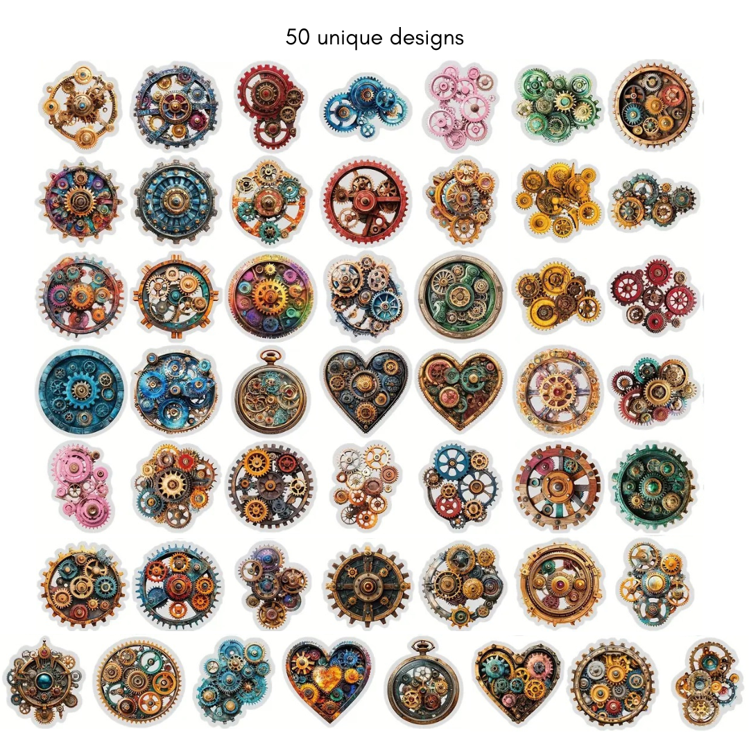 50 Pcs Steampunk Gears PET Stickers
