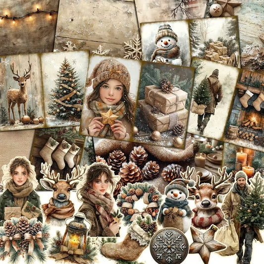 62 Pcs Rustic Christmas Paper & Sticker Set