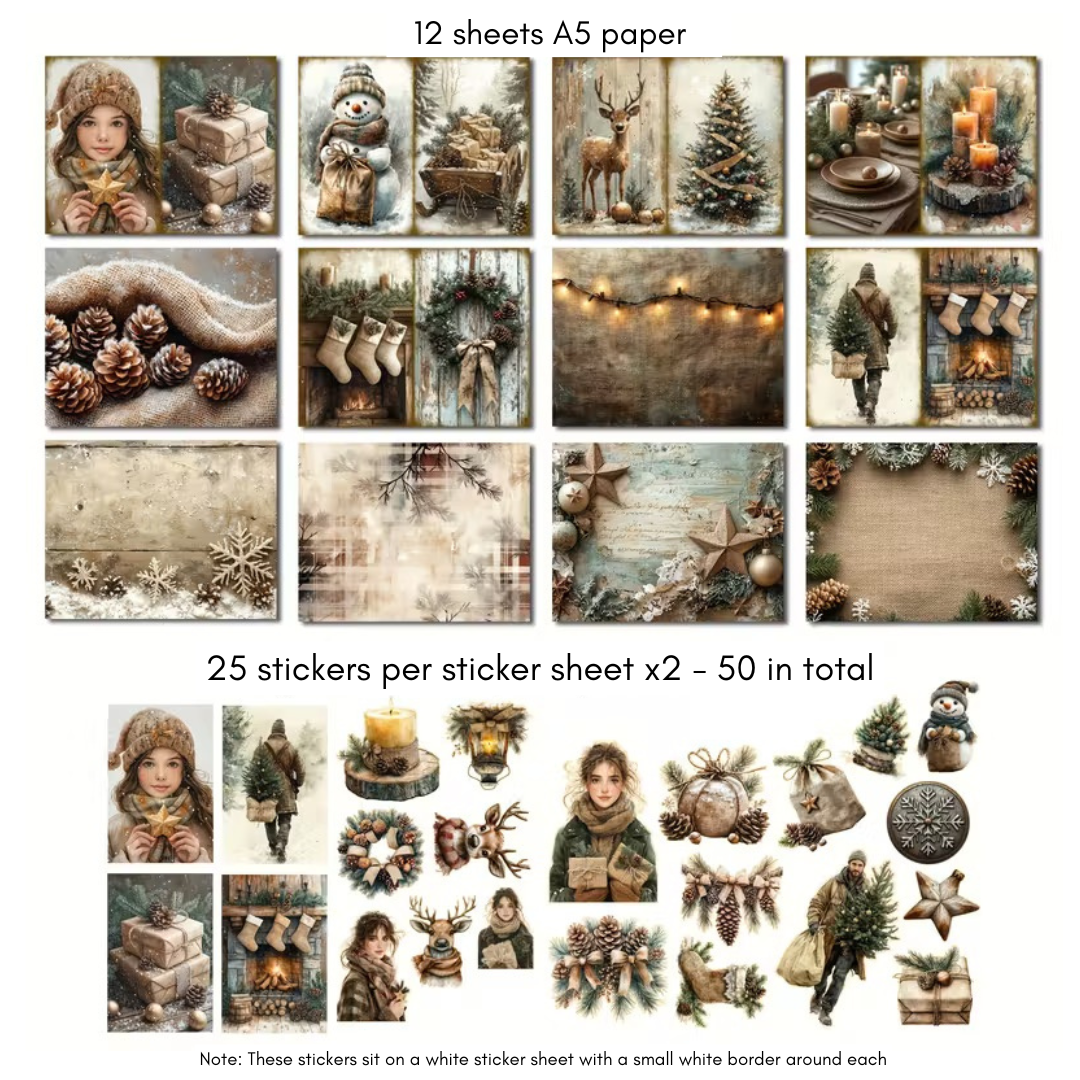 62 Pcs Rustic Christmas Paper & Sticker Set