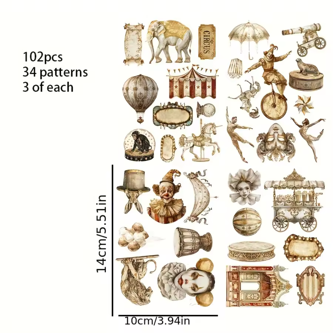 102 Pcs Vintage Circus Tour Sticker Sheets