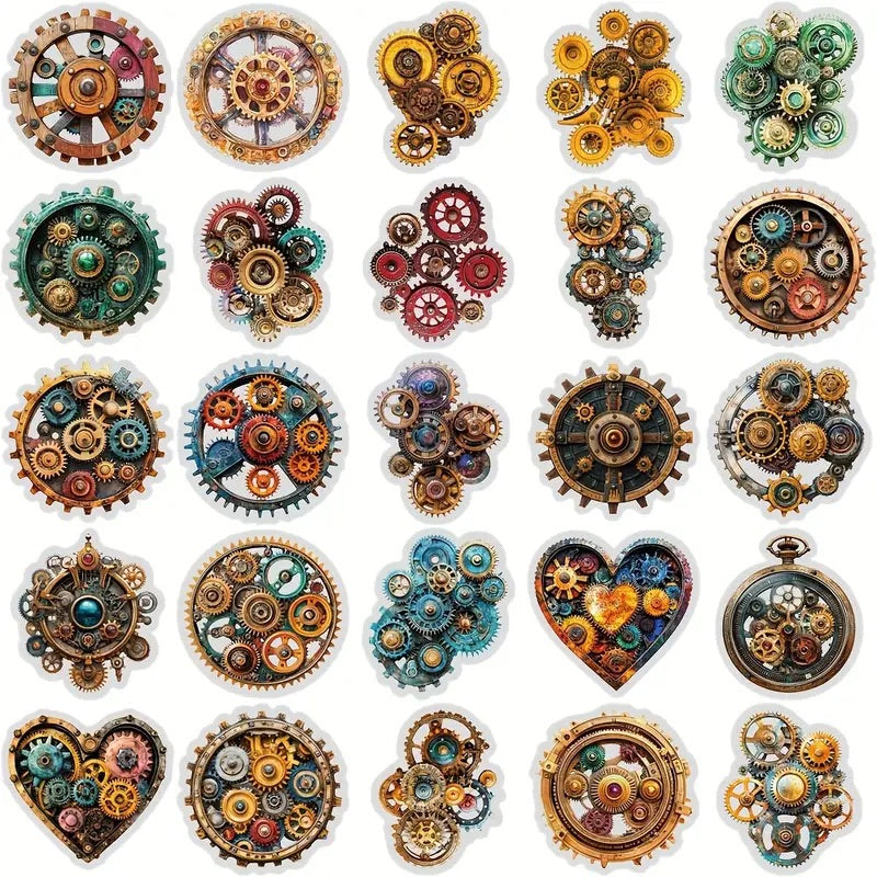 50 Pcs Steampunk Gears PET Stickers