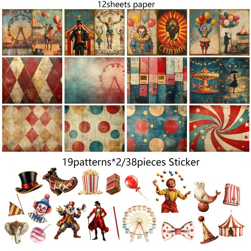 50 Pcs Vintage Circus Paper & Sticker Set – Scrapbook & Journal
